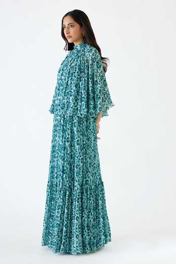Nikasha_Blue 100% Viscose Georgette Cutdana, Floral, Resham, Print Cape Tiered Dress _Online_at_Aza_Fashions