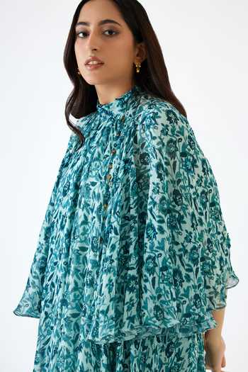 Buy_Nikasha_Blue 100% Viscose Georgette Cutdana, Floral, Resham, Print Cape Tiered Dress _Online_at_Aza_Fashions