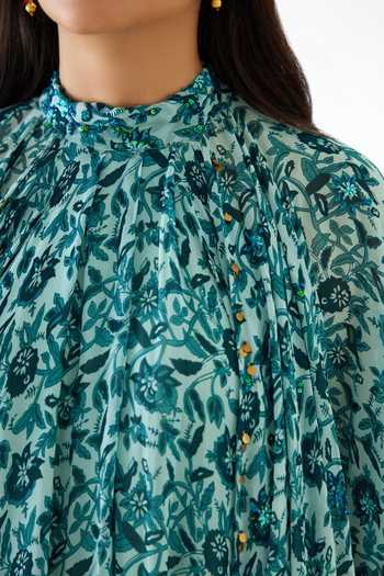 Shop_Nikasha_Blue 100% Viscose Georgette Cutdana, Floral, Resham, Print Cape Tiered Dress _Online_at_Aza_Fashions
