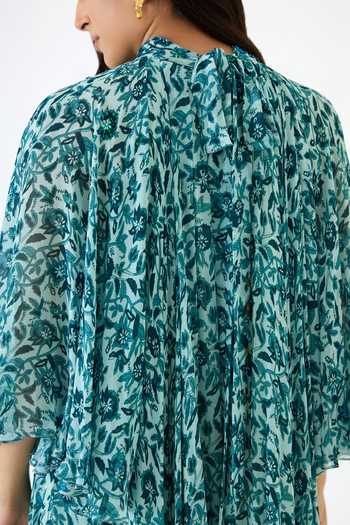 Nikasha_Blue 100% Viscose Georgette Cutdana, Floral, Resham, Print Cape Tiered Dress _at_Aza_Fashions