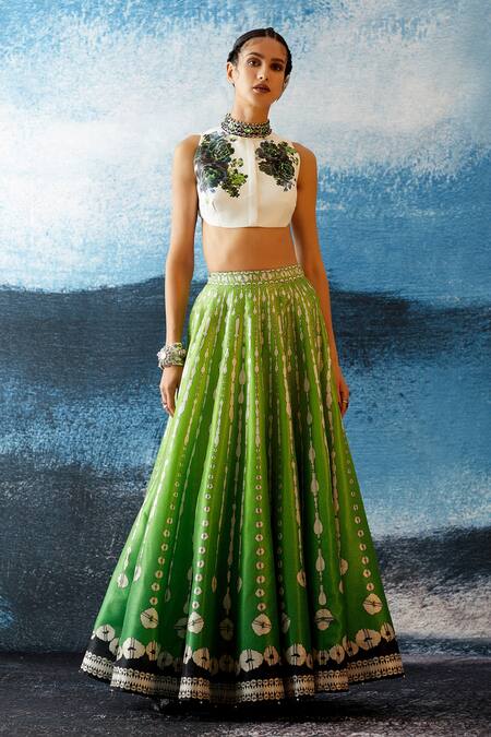 Rajdeep Ranawat_Green Jacket- Duchess Satin, Skirt Dupion Leela Abstract Print Lehenga And Set_Online_at_Aza_Fashions