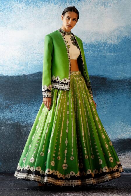Buy_Rajdeep Ranawat_Green Jacket- Duchess Satin, Skirt Dupion Leela Abstract Print Lehenga And Set_Online_at_Aza_Fashions