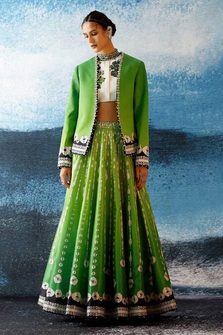Shop_Rajdeep Ranawat_Green Jacket- Duchess Satin, Skirt Dupion Leela Abstract Print Lehenga And Set_Online_at_Aza_Fashions