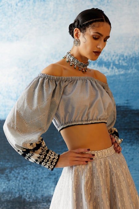 Shop_Rajdeep Ranawat_Silver Top Linen And Skirt Dupion Abstract, Geometric Leela Printed & Set_Online_at_Aza_Fashions