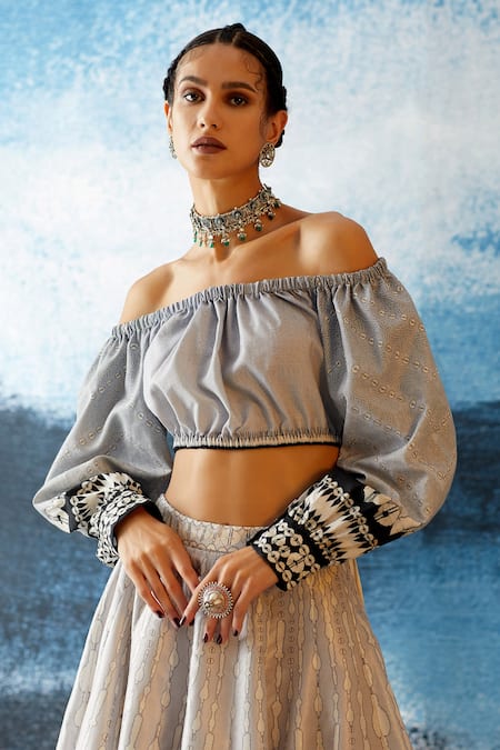 Rajdeep Ranawat_Silver Top Linen And Skirt Dupion Abstract, Geometric Leela Printed & Set_at_Aza_Fashions