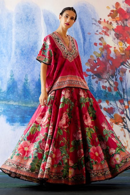 Rajdeep Ranawat_Fuchsia Kaftan Top Linen And Skirt Dupion Floral Print & Beads V Leela & Set_Online_at_Aza_Fashions