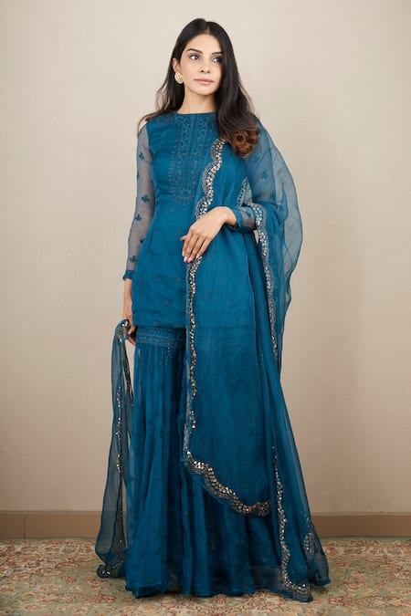Astha Narang_Blue Organza Floral Round Embroidered Kurta Sharara Set _Online_at_Aza_Fashions
