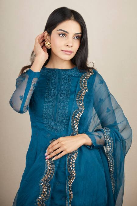 Buy_Astha Narang_Blue Organza Floral Round Embroidered Kurta Sharara Set _Online_at_Aza_Fashions