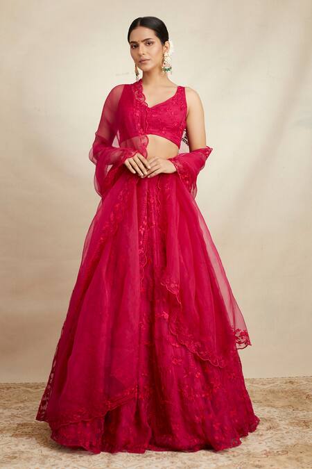 Fuchsia Pink Net & Crepe Jaal Embroidered Lehenga Set Design by Astha  Narang at Pernia's Pop Up Shop 2024