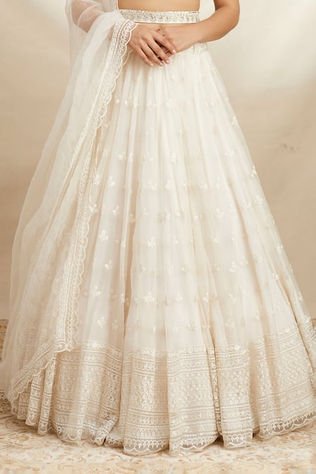 ASTHA NARANG_White Organza Floral V Neck Embroidered Bridal Lehenga Set _at_Aza_Fashions