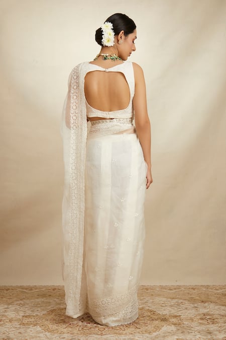 Shop_Astha Narang_White Organza Floral Embroidered Saree With Blouse _at_Aza_Fashions