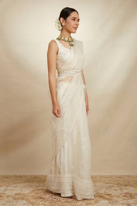 Astha Narang_White Organza Floral Embroidered Saree With Blouse _Online_at_Aza_Fashions