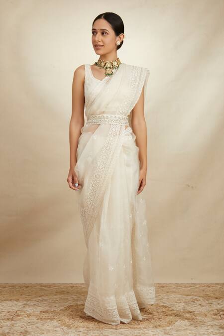 Buy_Astha Narang_White Organza Floral Embroidered Saree With Blouse _Online_at_Aza_Fashions