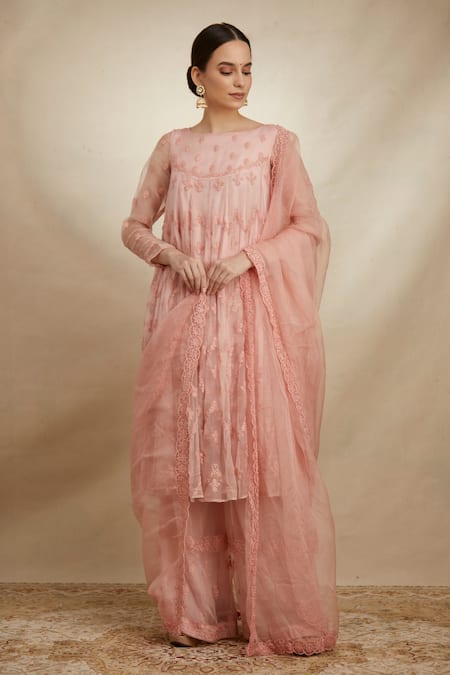Astha Narang Pink Organza Floral Boat Embroidered Anarkali Palazzo Set 