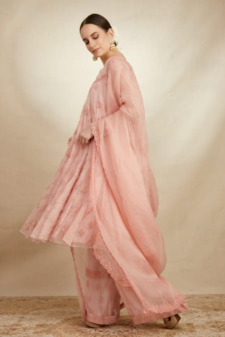 Shop Astha Narang Pink Organza Floral Boat Embroidered Anarkali Palazzo Set at Aza Fashions Shop_Astha Narang_Pink Organza Floral Boat Embroidered Anarkali Palazzo Set _at_Aza_Fashions