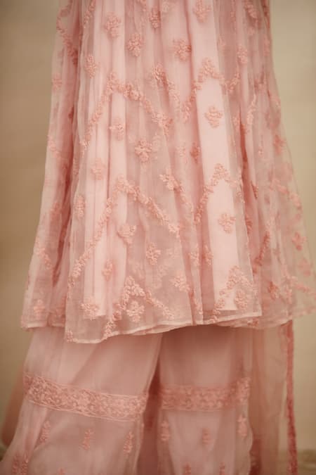 Astha Narang Pink Organza Floral Boat Embroidered Anarkali Palazzo Set at Aza Fashions Astha Narang_Pink Organza Floral Boat Embroidered Anarkali Palazzo Set _at_Aza_Fashions