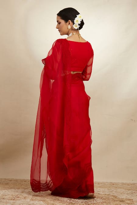Shop Astha Narang Red Organza Thread Scoop Neck Border Embroidered Saree With Blouse at Aza Fashions Shop_Astha Narang_Red Organza Thread Scoop Neck Border Embroidered Saree With Blouse _at_Aza_Fashions