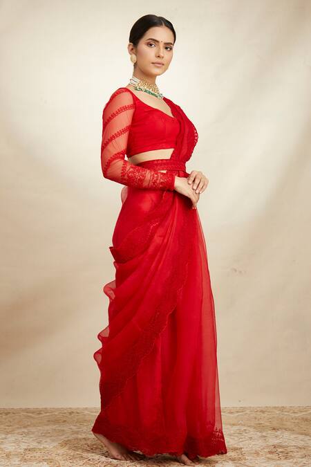 Astha Narang Red Organza Thread Scoop Neck Border Embroidered Saree With Blouse Online at Aza Fashions Astha Narang_Red Organza Thread Scoop Neck Border Embroidered Saree With Blouse _Online_at_Aza_Fashions