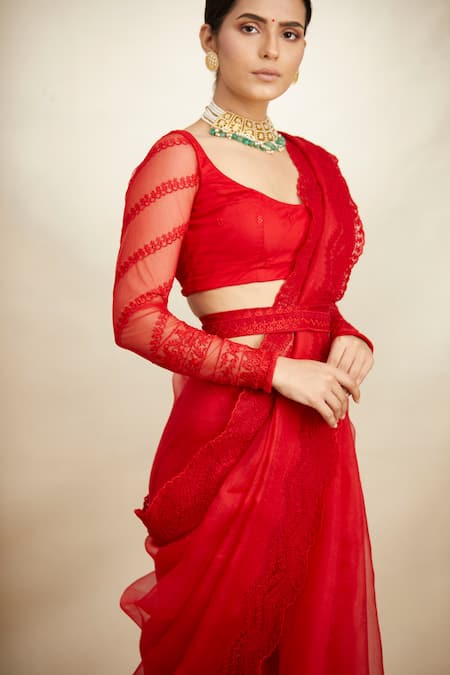 Buy Astha Narang Red Organza Thread Scoop Neck Border Embroidered Saree With Blouse Online at Aza Fashions Buy_Astha Narang_Red Organza Thread Scoop Neck Border Embroidered Saree With Blouse _Online_at_Aza_Fashions