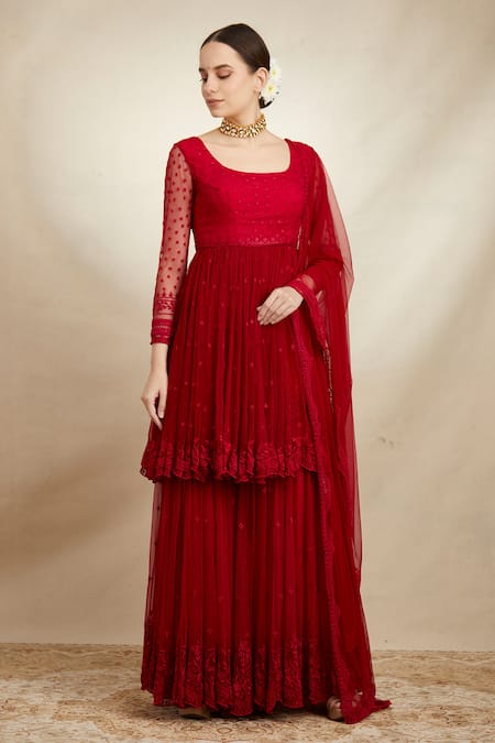 Buy_Astha Narang_Red Net Thread Scoop Neck Embroidered Peplum Kurta Sharara Set _Online_at_Aza_Fashions