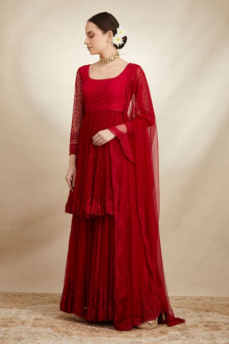 Shop_Astha Narang_Red Net Thread Scoop Neck Embroidered Peplum Kurta Sharara Set _Online_at_Aza_Fashions