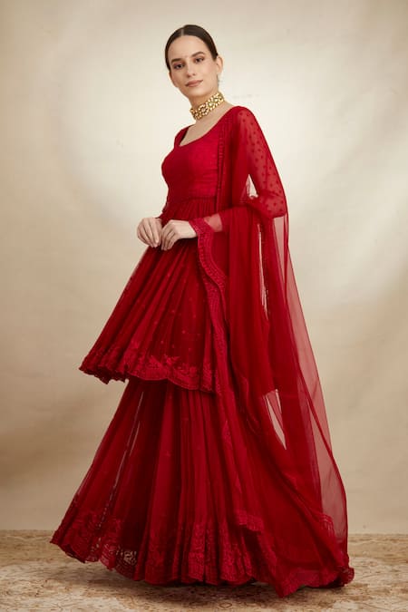 Astha Narang_Red Net Thread Scoop Neck Embroidered Peplum Kurta Sharara Set _at_Aza_Fashions