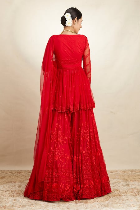 Shop Astha Narang Red Net Thread Scoop Neck Embroidered Peplum Kurta Sharara Set at Aza Fashions Shop_Astha Narang_Red Net Thread Scoop Neck Embroidered Peplum Kurta Sharara Set _at_Aza_Fashions