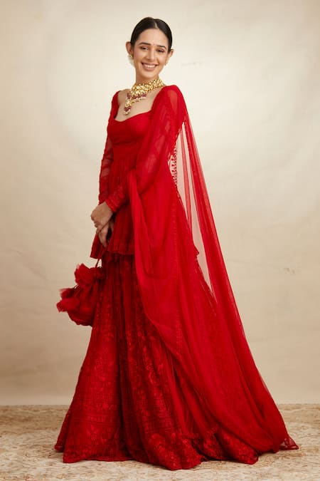 Shop Astha Narang Red Net Thread Scoop Neck Embroidered Peplum Kurta Sharara Set Online at Aza Fashions Shop_Astha Narang_Red Net Thread Scoop Neck Embroidered Peplum Kurta Sharara Set _Online_at_Aza_Fashions