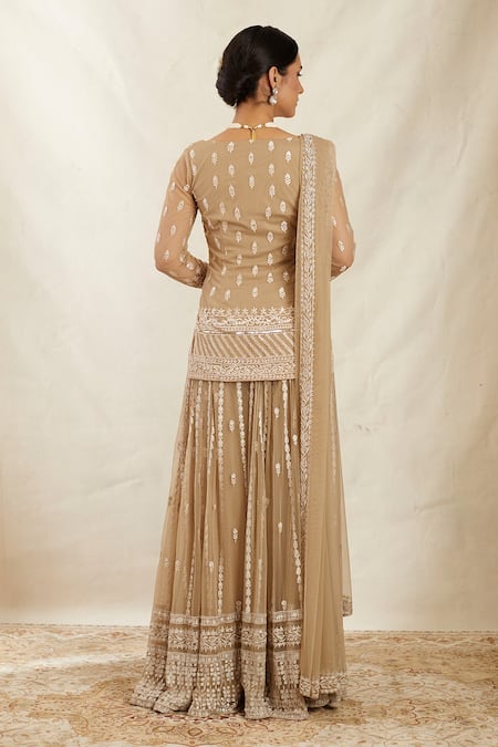 Shop Astha Narang Beige Net Thread And Sequin Scoop Neck Embroidered Kurta Sharara Set at Aza Fashions Shop_Astha Narang_Beige Net Thread And Sequin Scoop Neck Embroidered Kurta Sharara Set _at_Aza_Fashions