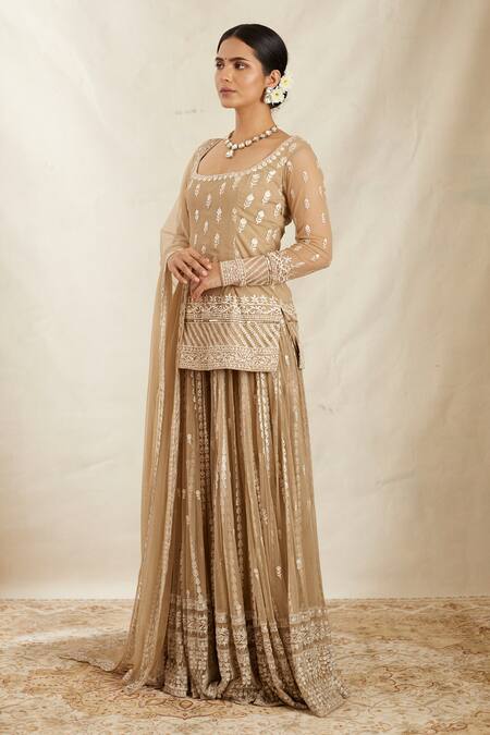 Astha Narang Beige Net Thread And Sequin Scoop Neck Embroidered Kurta Sharara Set Online at Aza Fashions Astha Narang_Beige Net Thread And Sequin Scoop Neck Embroidered Kurta Sharara Set _Online_at_Aza_Fashions