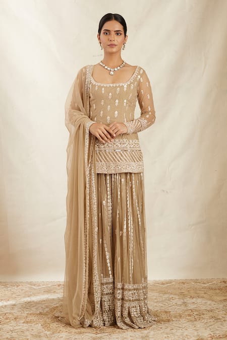 Buy Astha Narang Beige Net Thread And Sequin Scoop Neck Embroidered Kurta Sharara Set Online at Aza Fashions Buy_Astha Narang_Beige Net Thread And Sequin Scoop Neck Embroidered Kurta Sharara Set _Online_at_Aza_Fashions