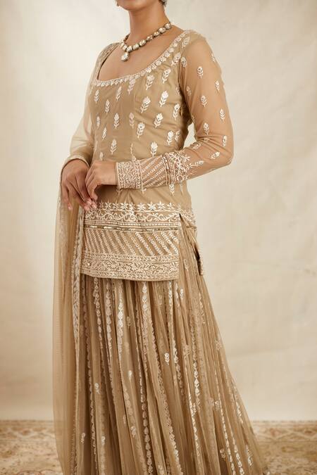 Shop Astha Narang Beige Net Thread And Sequin Scoop Neck Embroidered Kurta Sharara Set Online at Aza Fashions Shop_Astha Narang_Beige Net Thread And Sequin Scoop Neck Embroidered Kurta Sharara Set _Online_at_Aza_Fashions