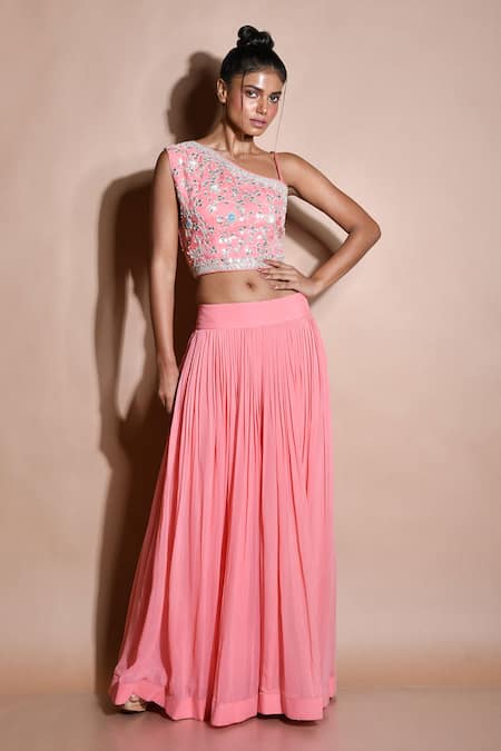 Buy Peach Georgette Embroidery Floral One Shoulder Crop Top And Skirt Set  For Women by Aksh Online at Aza Fashions.