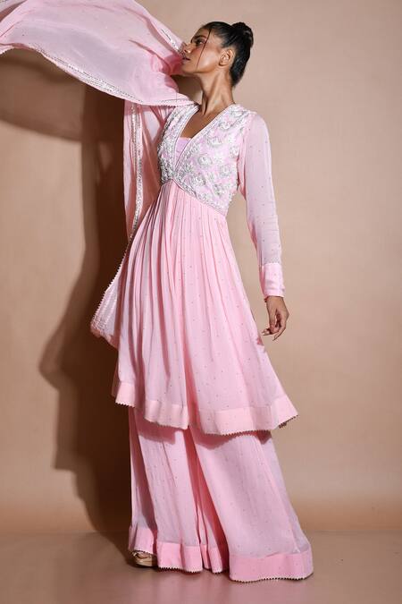 Aksh_Pink Chanderi, Georgette, Taffeta, Mukaish Embroidered Anarkali Gharara Set_Online_at_Aza_Fashions