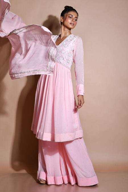 Buy_Aksh_Pink Chanderi, Georgette, Taffeta, Mukaish Embroidered Anarkali Gharara Set_Online_at_Aza_Fashions