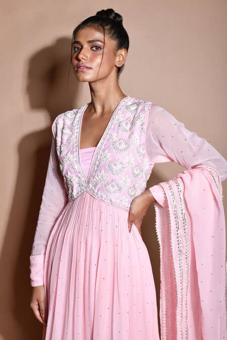 Shop_Aksh_Pink Chanderi, Georgette, Taffeta, Mukaish Embroidered Anarkali Gharara Set_Online_at_Aza_Fashions