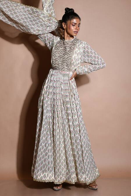 Aksh_Ivory Georgette, Taffeta Floral Round Print Anarkali With Dupatta_Online_at_Aza_Fashions
