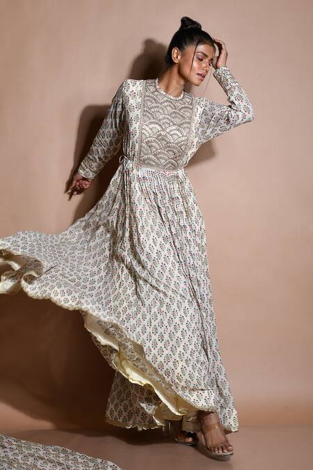 Buy_Aksh_Ivory Georgette, Taffeta Floral Round Print Anarkali With Dupatta_Online_at_Aza_Fashions