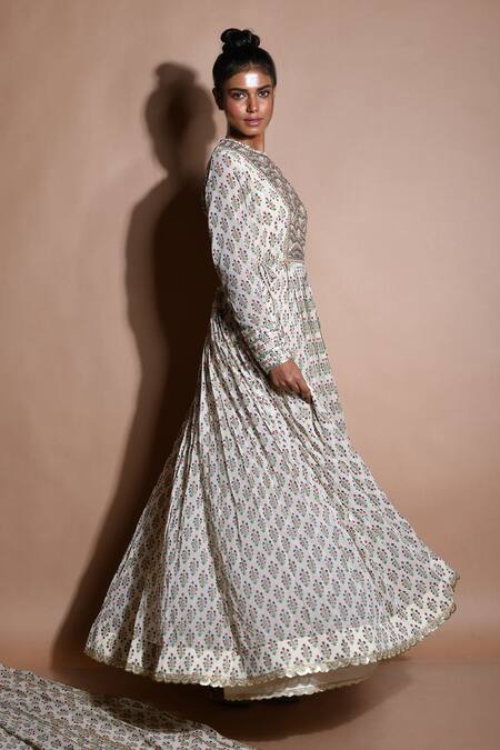 Shop_Aksh_Ivory Georgette, Taffeta Floral Round Print Anarkali With Dupatta_Online_at_Aza_Fashions