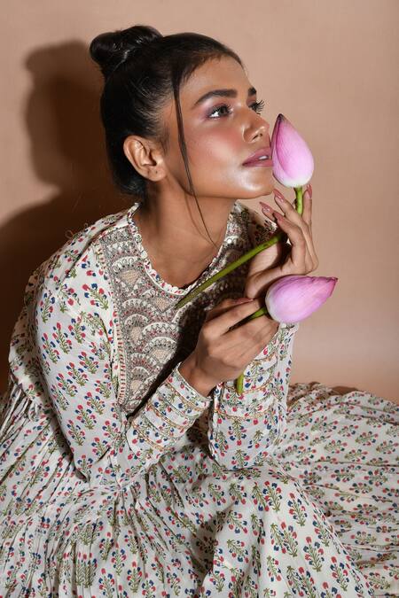 Aksh_Ivory Georgette, Taffeta Floral Round Print Anarkali With Dupatta_at_Aza_Fashions