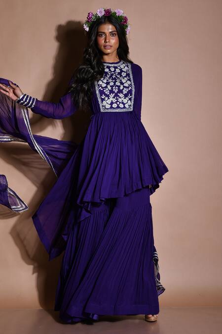 Aksh_Purple Georgette, Taffeta, Art Organza Floral Embroidered Kurta Sharara Set_Online_at_Aza_Fashions