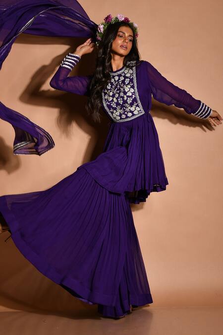 Buy_Aksh_Purple Georgette, Taffeta, Art Organza Floral Embroidered Kurta Sharara Set_Online_at_Aza_Fashions