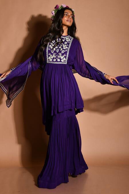 Shop_Aksh_Purple Georgette, Taffeta, Art Organza Floral Embroidered Kurta Sharara Set_Online_at_Aza_Fashions
