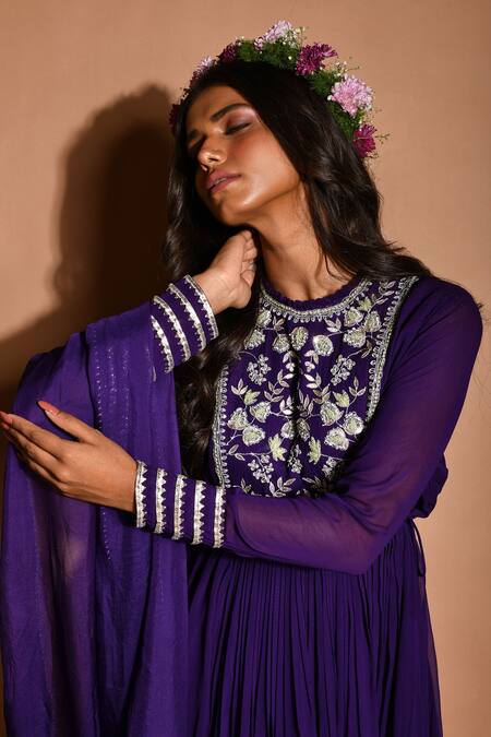 Aksh_Purple Georgette, Taffeta, Art Organza Floral Embroidered Kurta Sharara Set_at_Aza_Fashions