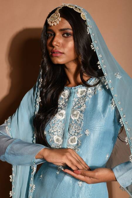 Buy_Aksh_Blue Organza, Georgette, Taffeta Floral, Sequin Embroidered Kurta Gharara Set_Online_at_Aza_Fashions