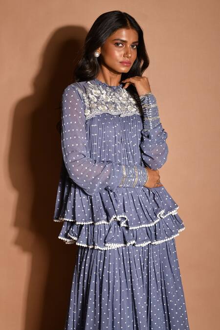 Aksh_Grey Georgette, Taffeta Floral, Geometric Round Print Kurta Sharara Set_Online_at_Aza_Fashions