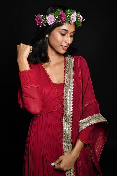 Shop_Aksh_Maroon Organza, Georgette, Taffeta Plain V Neck Pleated Anarkali With Dupatta_Online_at_Aza_Fashions