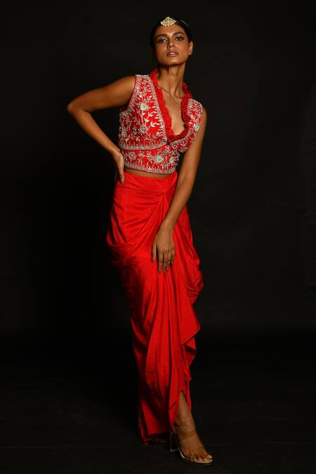 Aksh_Red Taffeta, Art Organza, Bamber Silk Embroidered Crop Top And Draped Skirt Set_Online_at_Aza_Fashions