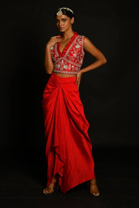 Buy_Aksh_Red Taffeta, Art Organza, Bamber Silk Embroidered Crop Top And Draped Skirt Set_Online_at_Aza_Fashions