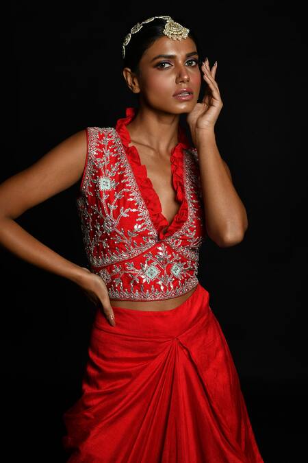 Shop_Aksh_Red Taffeta, Art Organza, Bamber Silk Embroidered Crop Top And Draped Skirt Set_Online_at_Aza_Fashions